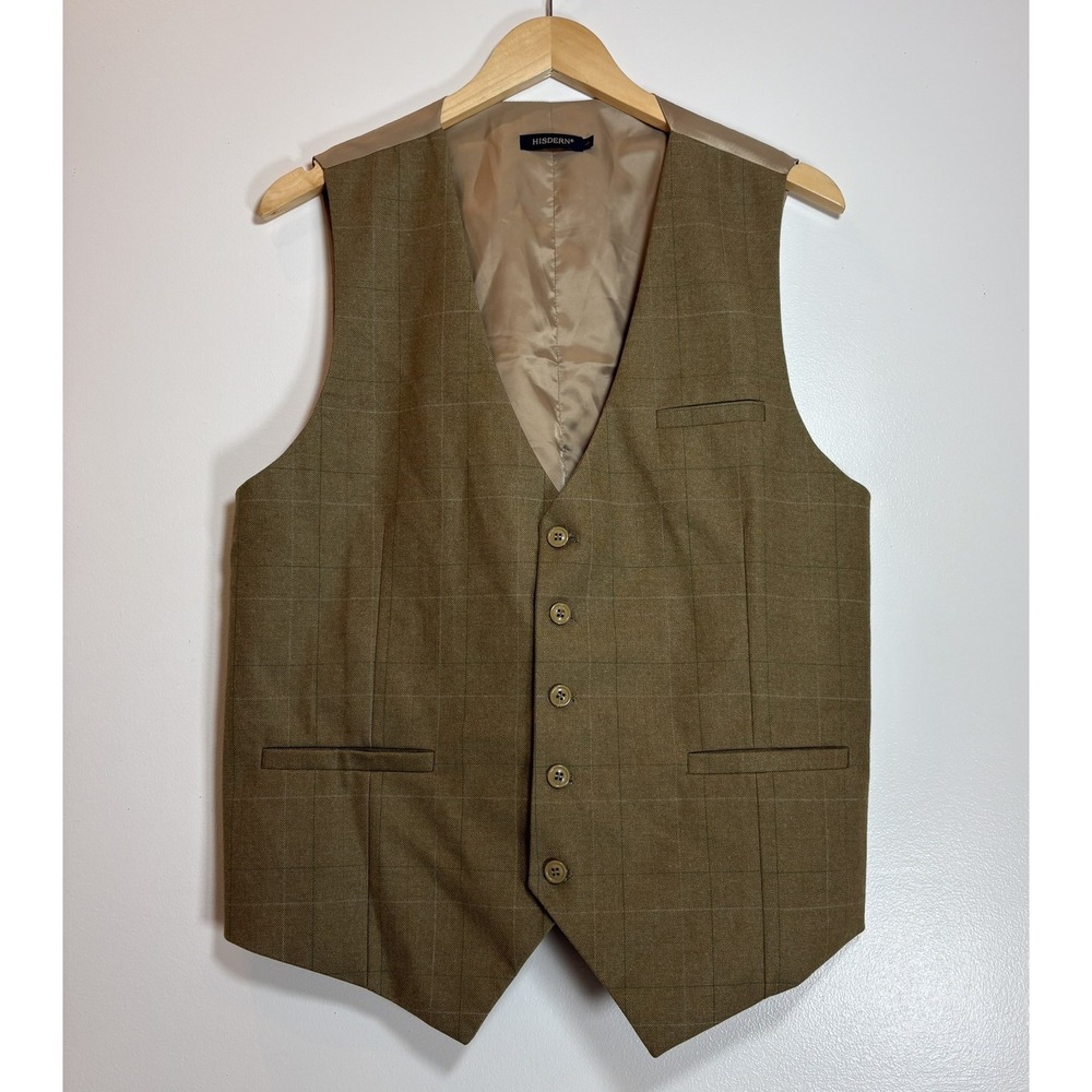 Hisdern Mens Plaid Suit Vest Olive Green Tan Windowpane Waistcoat Size L Large